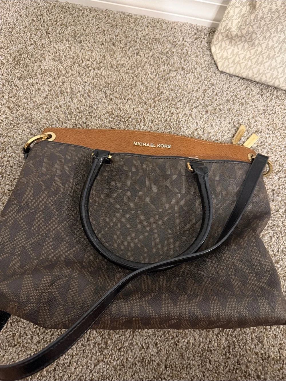 Michael Kors Brown and Cream MK Logo Shoulder Bags Duo